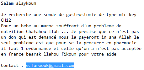 Yusuf_Assoussi's tweet photo. Frère recherche sonde de gastrotomie pour un bébé au maroc ayant des problèmes de nutrition.
A RT min fadlikoum http://t.co/J4ZROON7mX