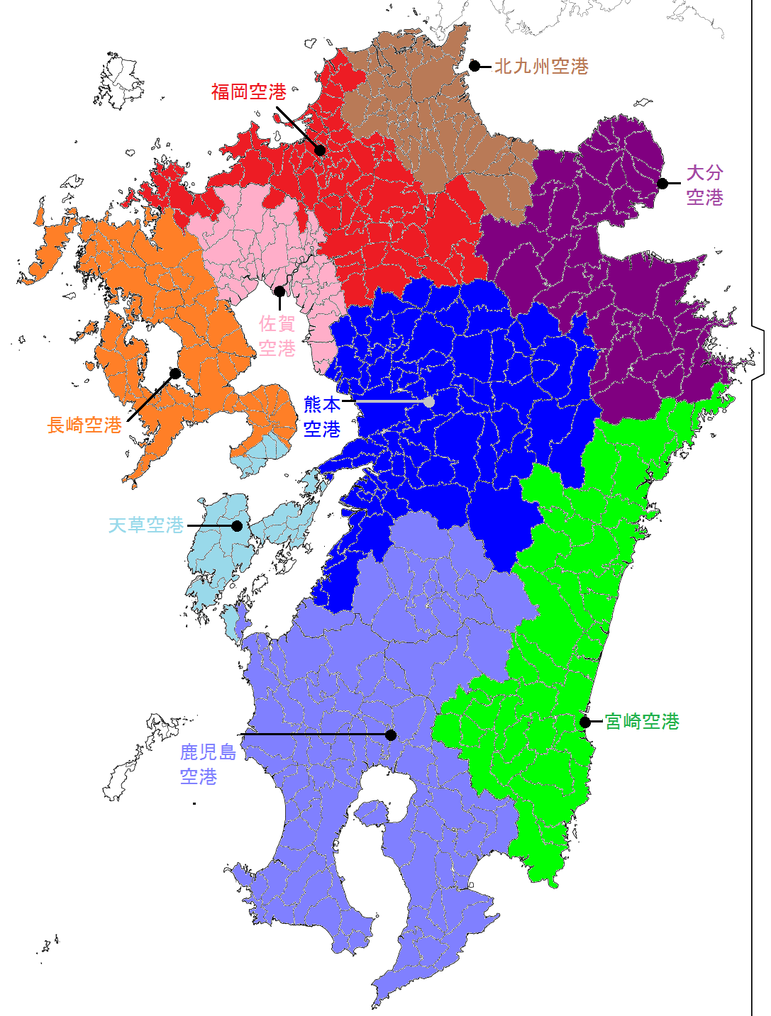 R Tsubame 九州の各市町村 平成の大合併前 を役所から車で一番速くたどり着ける空港別に色分け Googlemapのナビ準拠 福岡空港となるエリアはそこまで広く無かったり 天草空港のエリアがフェリーを通じて長崎や鹿児島の一部まであったりします Http T