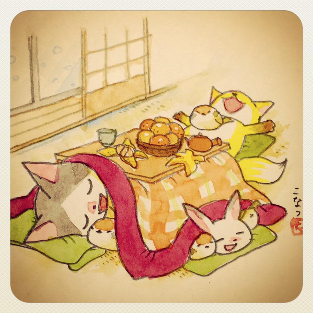 table fruit no humans kotatsu food mandarin orange cat  illustration images