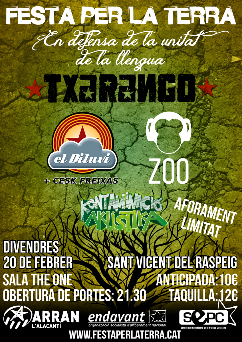 festaperlaterra's tweet photo. Ja sabeu que farem el 20 febrer?
#FestaPerlaTerra amb
@txarango @el_Diluvi @ZooPosse @ceskfreixas i @KAkontaminacio http://t.co/I9Hu0I2wDV