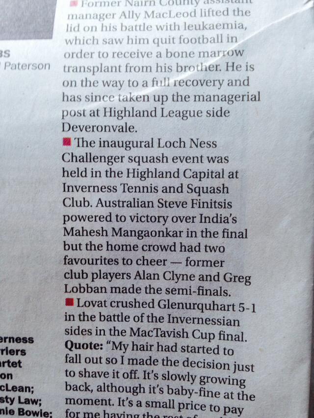 InvTennisSquash's tweet image. Good article in @InvCourier about sport in the Highlands during 2014. @BePersonnel Loch Ness Challenger talked about.