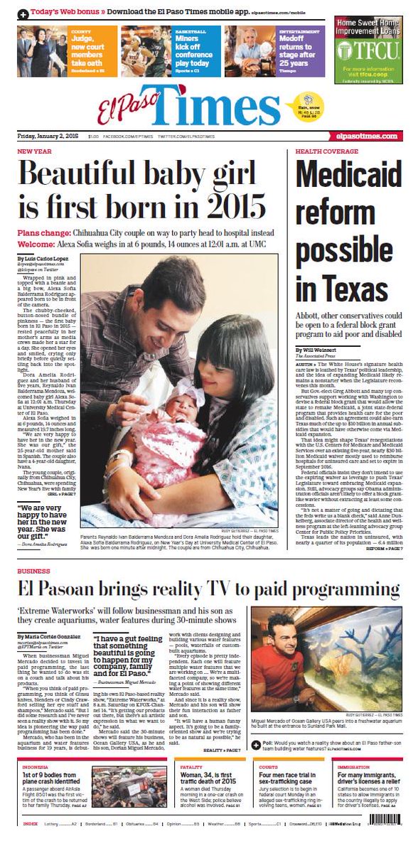 elpasotimes's tweet photo. Today's front page: Alexa Sofia is #ElPaso's first baby of 2015 - http://t.co/tMrI9v9WL4 #eptimes http://t.co/ZsrKthVPlD