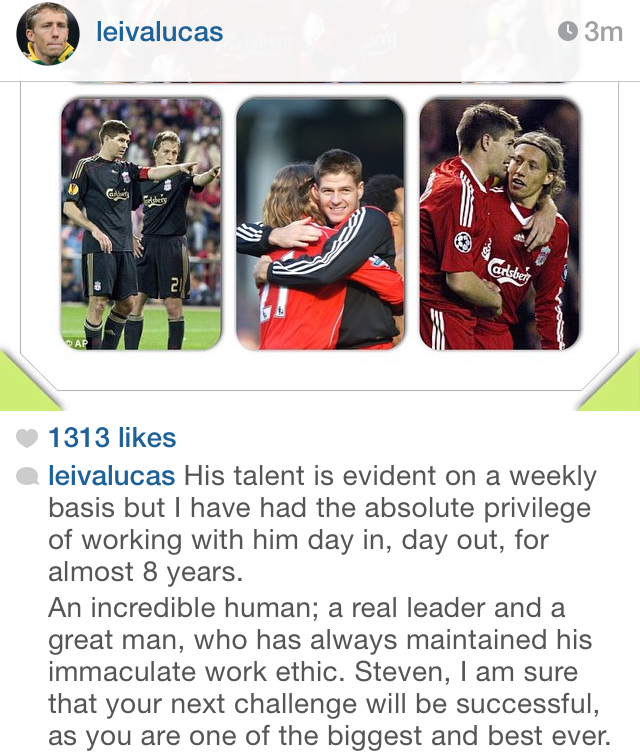 LFC's tweet photo. The full tribute from @LucasLeiva87 to Steven Gerrard... #LFCicon http://t.co/7n7Qsd0UkE