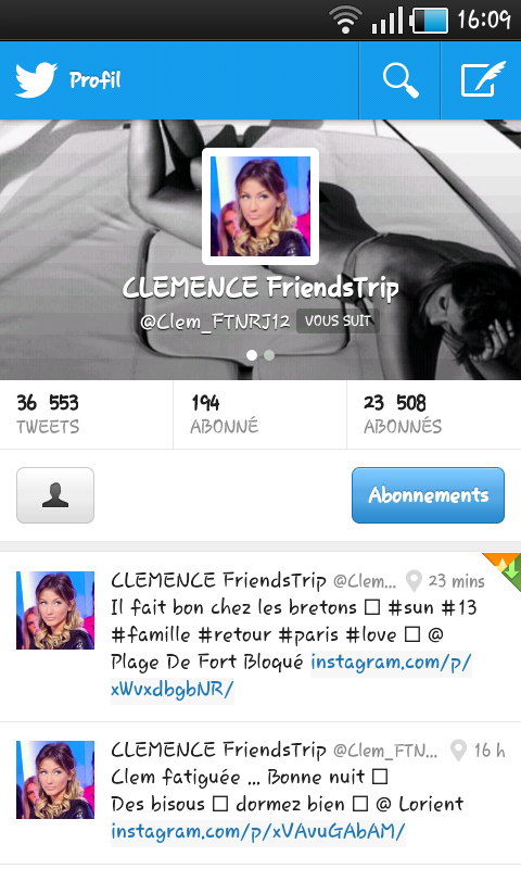 GanterMara's tweet photo. Une bombe qui me suit @Clem_FTNRJ12 ...
Merci ma cherie pour tous les #RT et les #messageprive.... #teamclem #bisous http://t.co/1xRlLHqaXE