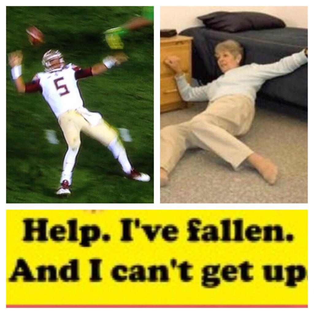 bc_chamberlain's tweet photo. #JameisWinston Be Like: Help, I've fallen and I can't get up! #RoseBowl #OregonvsFloridaState http://t.co/LgY39UATKu