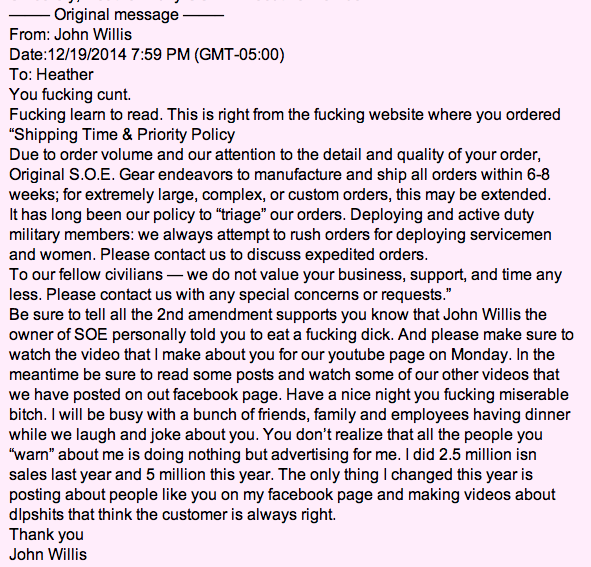 JennJacques's tweet image. MUST READ &amp;amp; SHARE: CEO of #SOEGear responds to female's complaint: bit.ly/1vRz6Yp @NRAWomen @GunGirlDinner