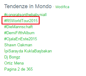 R5italy's tweet photo. #R5WorldTour2015 it's trending worldwide! @officialR5 
P.s. Come back to Italy! 🇮🇹 http://t.co/wrhsevdWqo