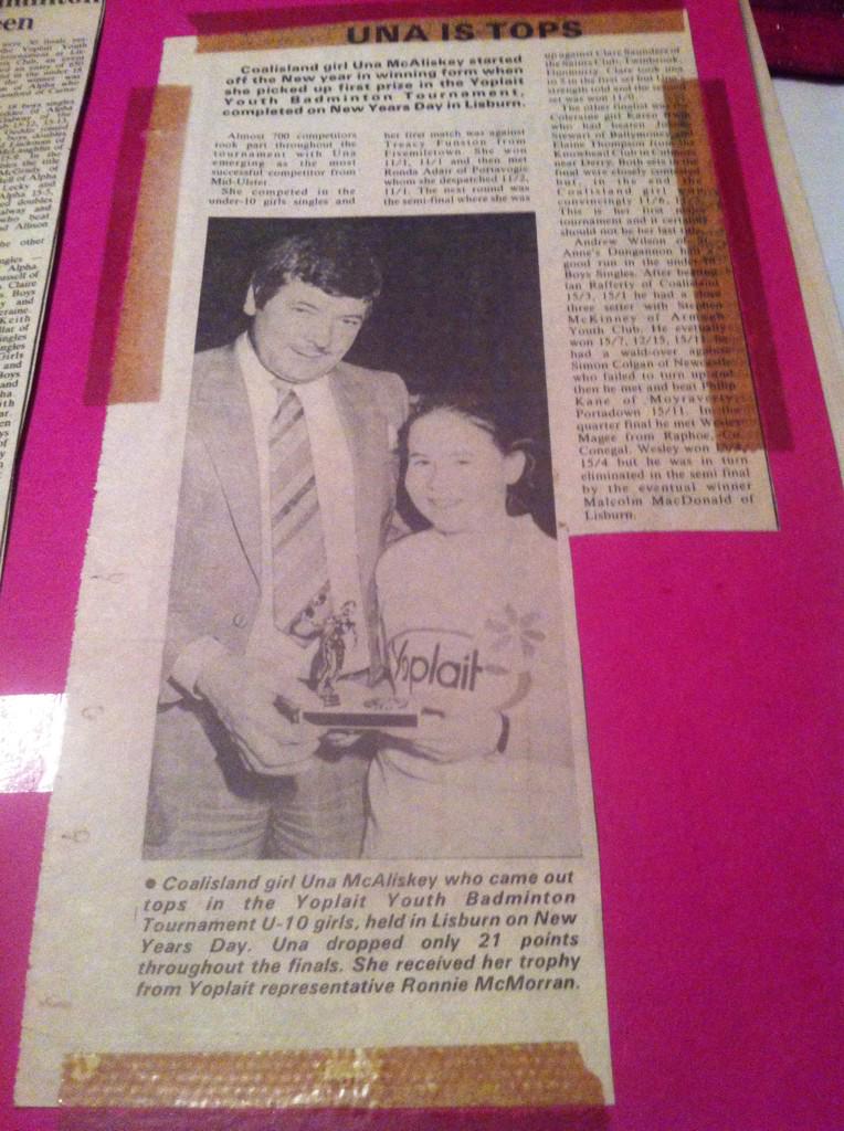 UnaBrown1's tweet photo. 25 years ago yest I was NI Singles Badminton champion @Alpha_BC #gettingold #notfitanymore http://t.co/QXCEQ29wrG