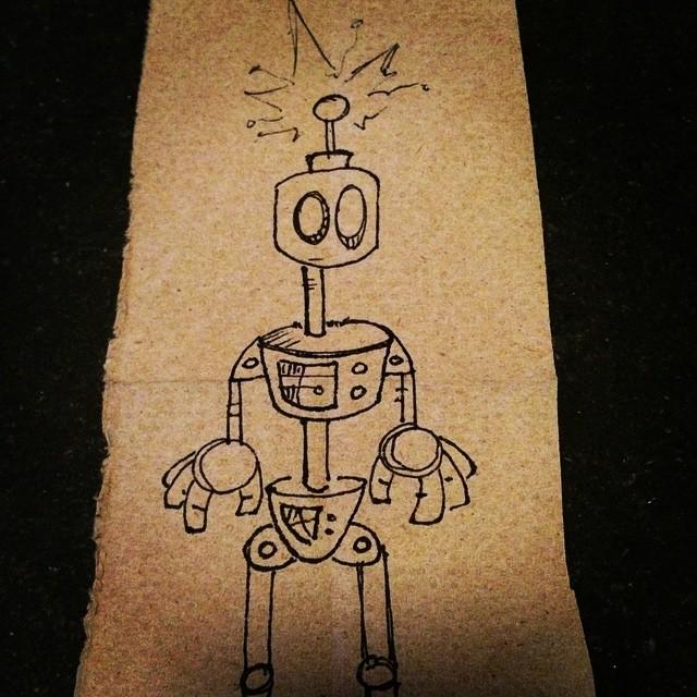 Otherbots's tweet image. Medium Pen/brown Paper Towel. Day 2 down...killing it so far. #robot #robotaday #drawing #art #cartoon by dailyrobot