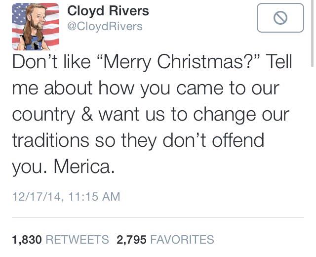 chrisprobst11's tweet photo. @CloydRivers @CloydRiversBurn People can't even celebrate their own traditions? The US is free and made of immigrants http://t.co/1Swma2Hxdg