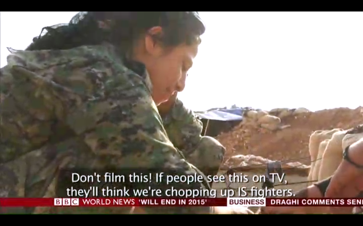 Hevallo's tweet photo. SOME HILARIOUS PARTS TOO. This when YPJ fighters are cutting meat to eat. #InsideKobane #TwitterKurds http://t.co/mUF9EYL18Z