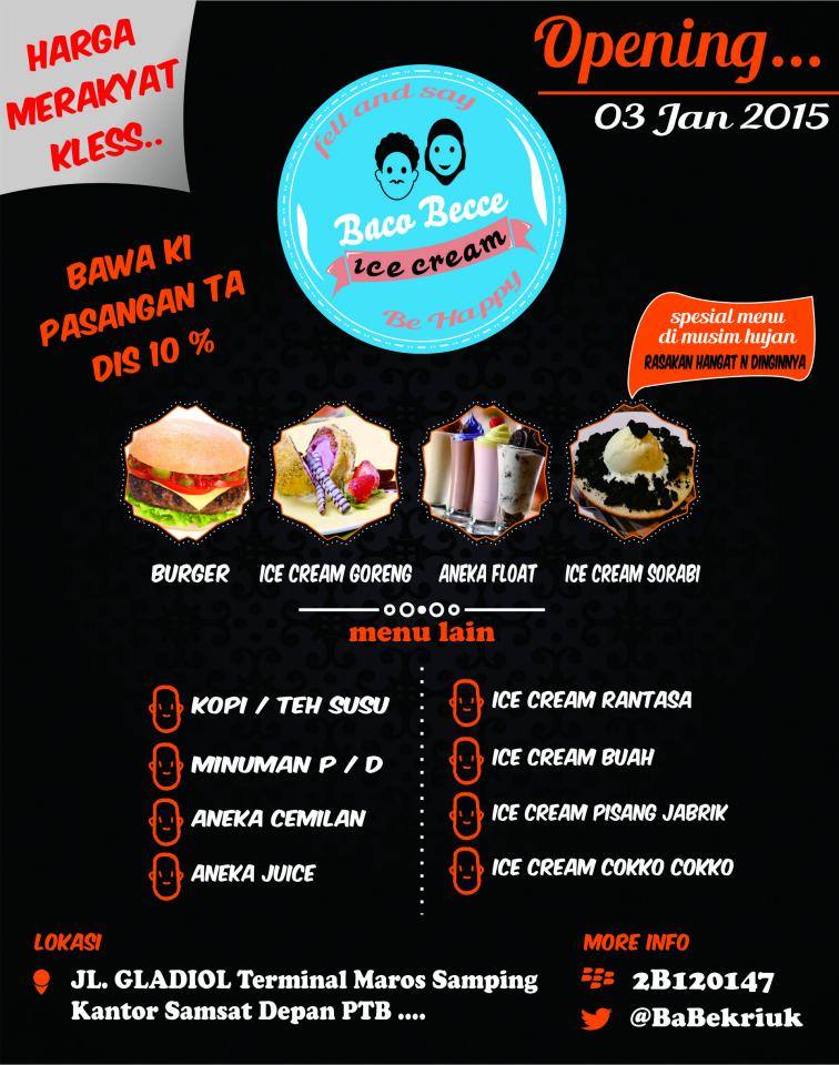 PTBMaros's tweet photo. #Datangki Malam Minggu ini di Grand Opening #IceCreamBacoBecce, dkt Masjid Terminal Maros :* Nah Nah Saya Sayangki :* http://t.co/DSsIaVU6NS