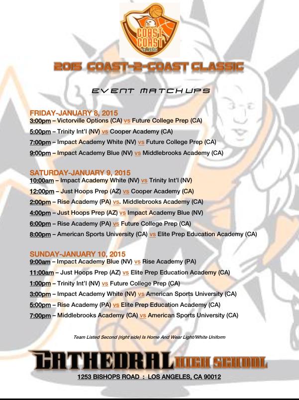 fcphoopsEvents's tweet image. 2015 Coast2Coast Classic Day2 Continues Today @ Cathedral HS In Los Angeles! 6 Games On Tap Beginning At 10am PST!