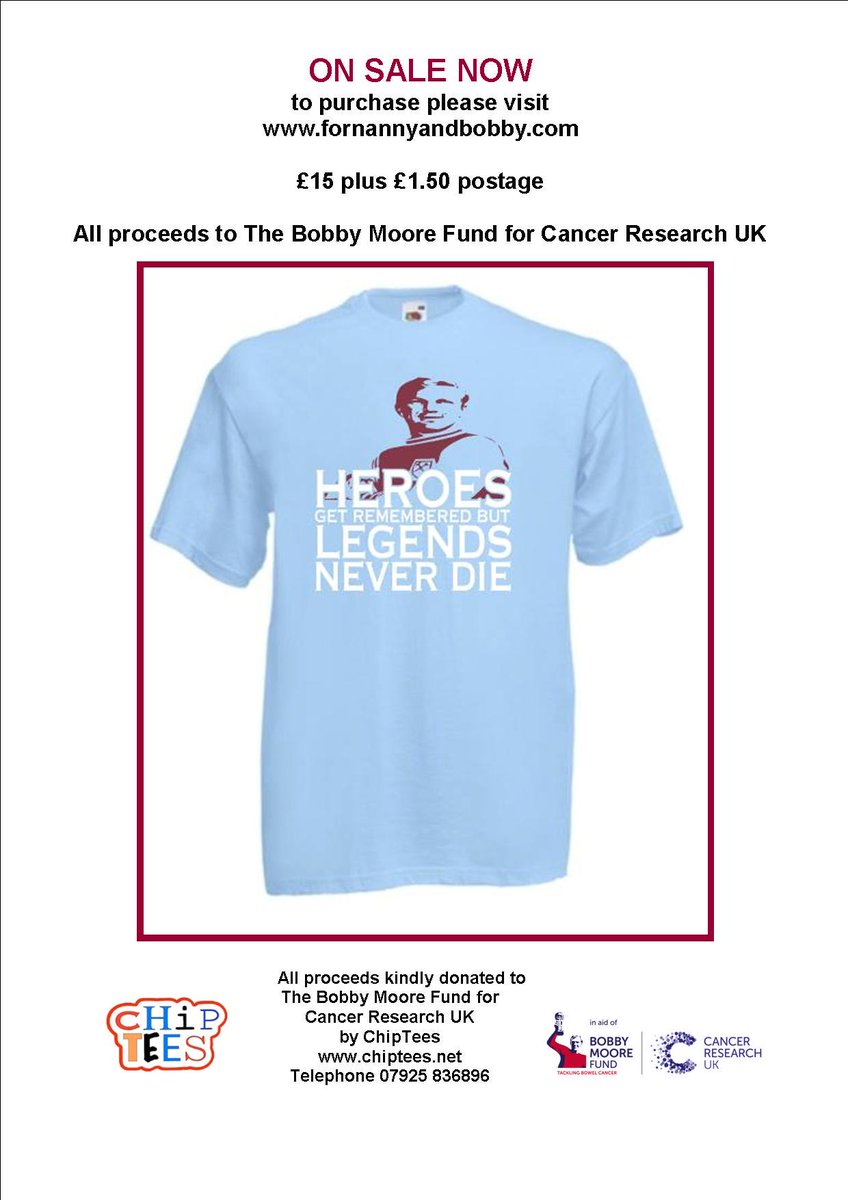 JonjoHeuerman's tweet image. Moore-Legends Never Die tshirt on sale in my shop fornannyandbobby.com ty @chiptees profits to Bobby Moore Fund :O)