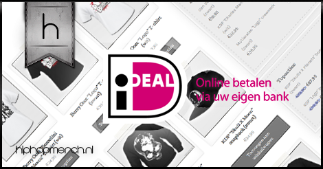 Betalen met iDEAL? Bestel daarom uw unieke merchandise en muziek in de <a href="/Hiphopmerch/">HIPHOPMERCH.NL</a> webshop: hiphopmerch.nl