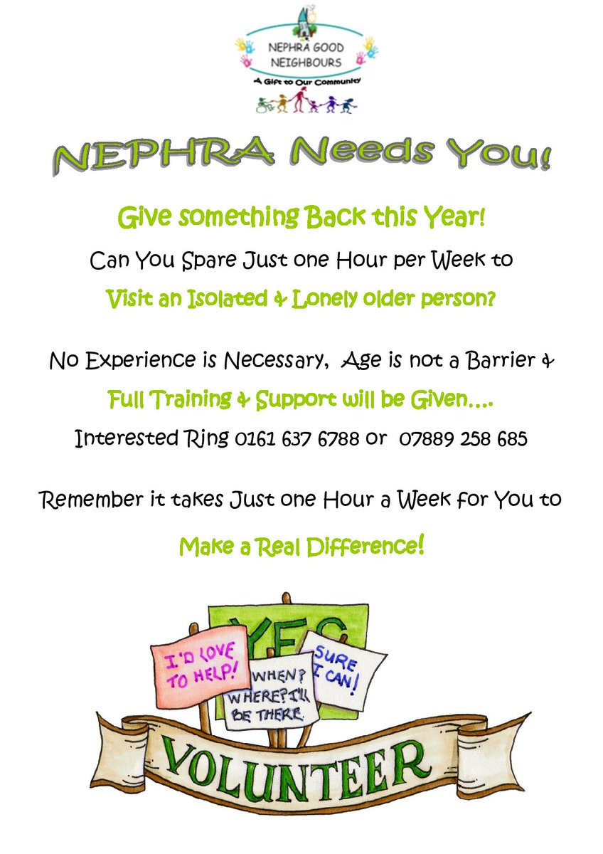 NEPHRA Needs You.......Wanted volunteers who have just one hour a week to spare....#reduceloneliness