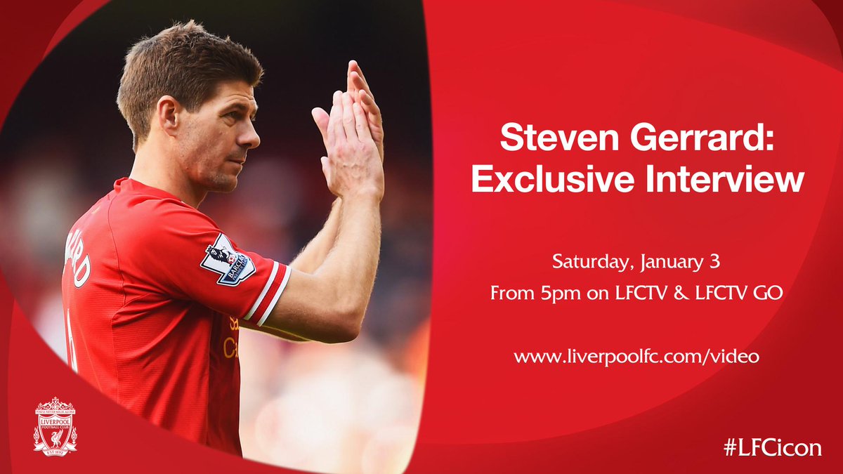 LFC's tweet photo. Watch an exclusive interview with Steven Gerrard from 5pm GMT today: http://t.co/aP2jSGzQ9J #LFCicon http://t.co/NtoHzzNEyk