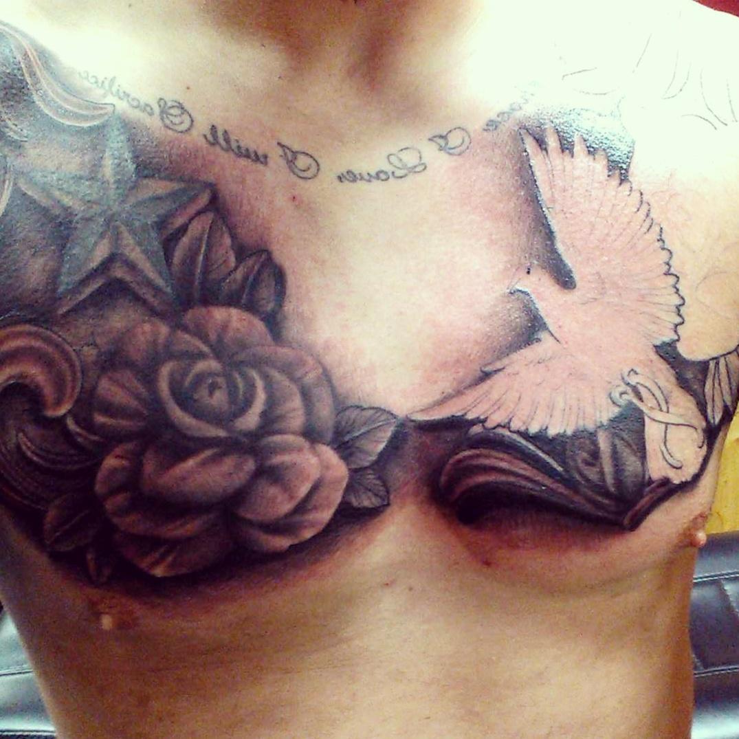 Chest piece done by @ricardo_avila_tattoo who tattoos outta Inkslingers in  Alhambra, California #doves #roses #skull #timepiece #clock #time #peace  #ricardoavil… | Tattoos for guys, Chest piece tattoos, Pieces tattoo