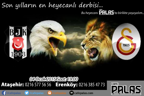 cafepalas's tweet photo. 2015'in ilk derbisi. Bu heyecan kaçmaz. Cafe Palas'ta buluşalım. #cafepalas #futbolşöleni #derbi #ataşehir #Erenköy http://t.co/A2ZXL3dVl3