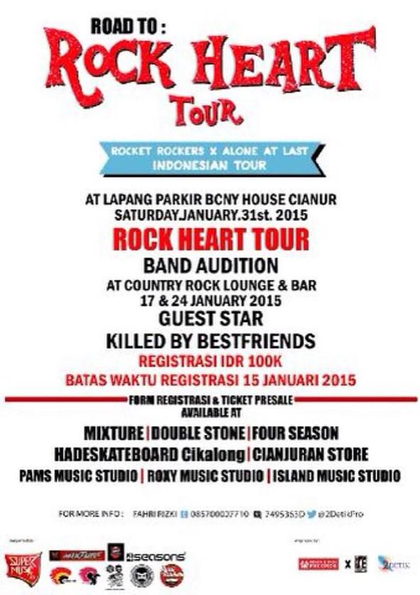 infoeventCJR's tweet photo. Via @2DetikPro:  Mau jadi Band Pembuka ROCK HEART Tour @rocket_rockers X @Alone_At_Last 31/1/2015? Ikutin audisinya! http://t.co/0Cs6iSaAsk