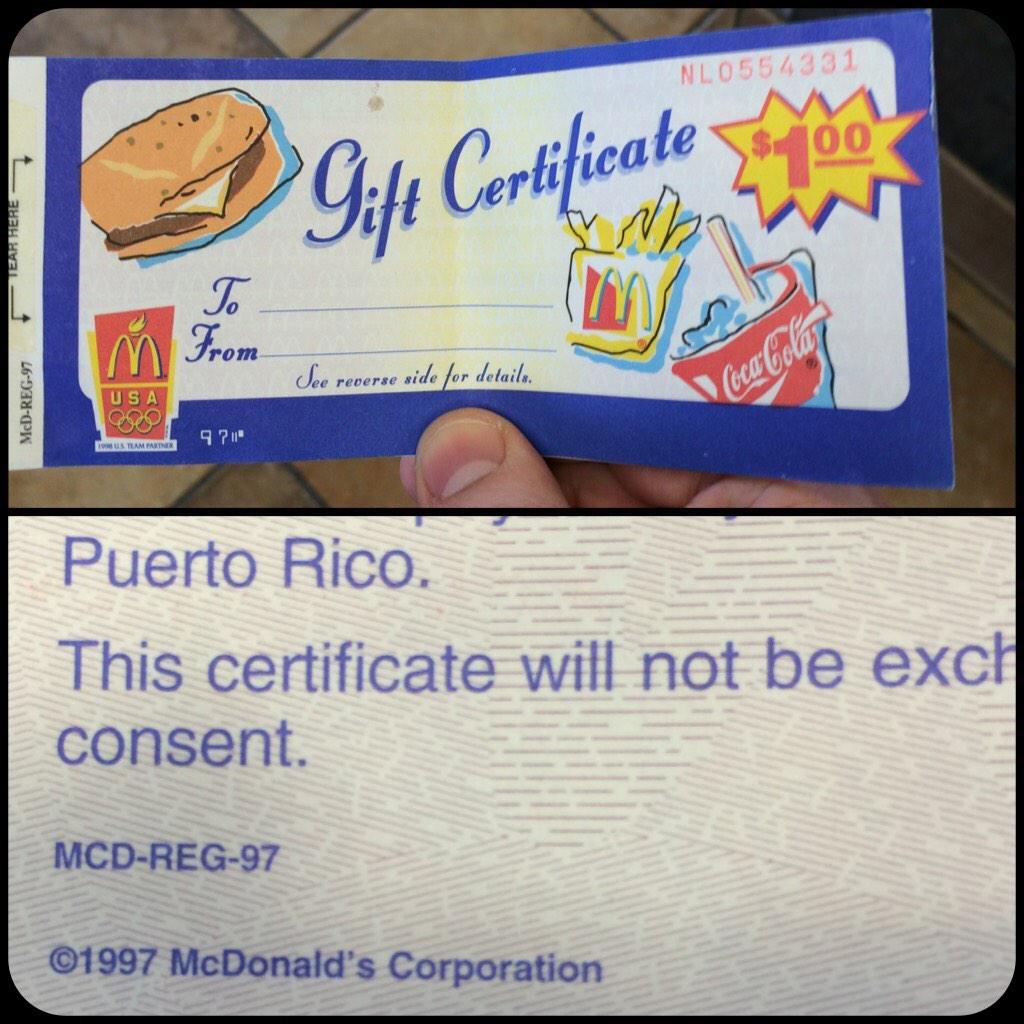 mikeherrera's tweet photo. I just used these @McDonalds $1 gift certificates. Yes, they are from 1997. And no, they do not expire. #doublechee http://t.co/3kQbOrQtP7