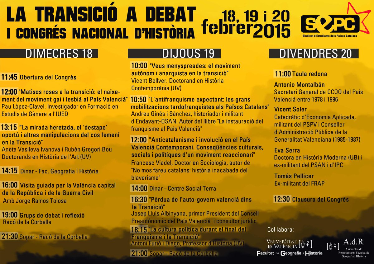 Tombar_lestaca's tweet photo. Ací teniu el programa del I Congrés Nacional d'Història! LA TRANSICIÓ A DEBAT! 
+Info: congreshistoria.sepc@gmai.com http://t.co/S2CHGPDxWu