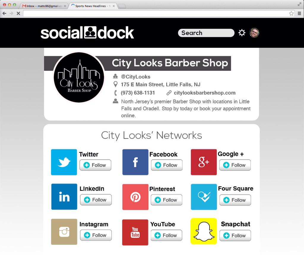 Social_Dock's tweet photo. This is a sneak peak of what a #socialdock profile will look like on a PC #socialmedia #business #citylooksbarbershop http://t.co/UzVEDVrcUY