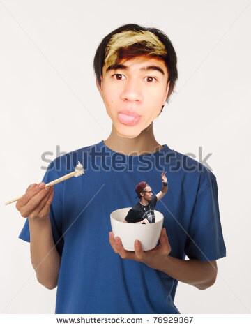 Luke in Calum's rice bowl
