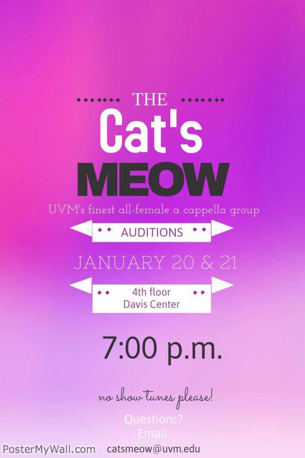 UVMCatsMeow's tweet photo. Auditions. 7pm. Davis Center. 4th floor. January 20 &amp; 21. http://t.co/ELsne9vXj0