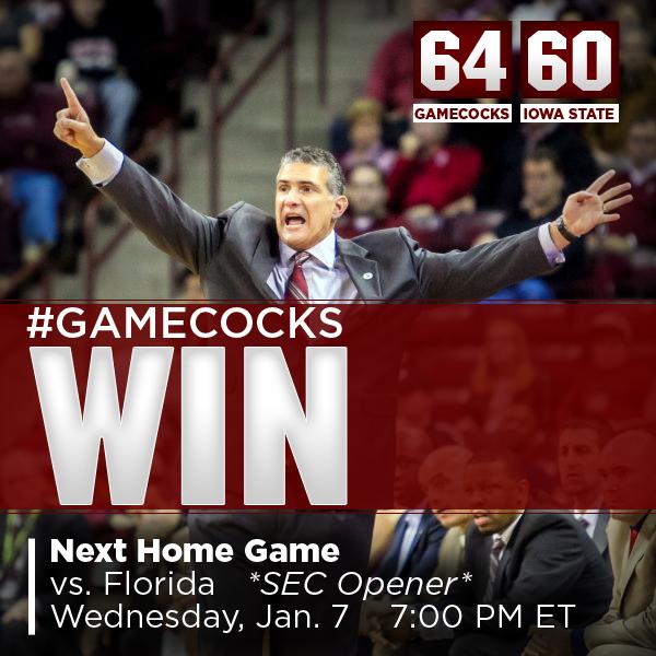 #Gamecocks win! Sindarius Thornwell comes up clutch in the final minutes to seal with win over No. 9 Iowa State!