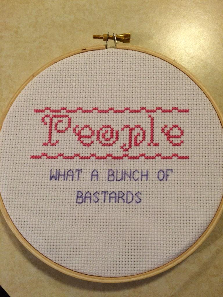 GeekyGifyLady's tweet photo. @BigBoyler My favorite Roy quote in cross stitch. #ITCrowd http://t.co/tYoDD7k5Ws