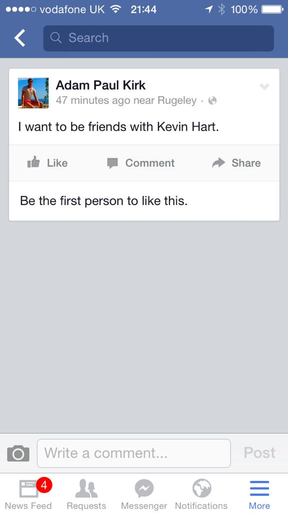 mitchbatty's tweet photo. @KevinHart4real will you give my friend @AdamKirk22 a follow? It'll make him so happy, I think he really likes you 😉 http://t.co/ArPRmu1v7W