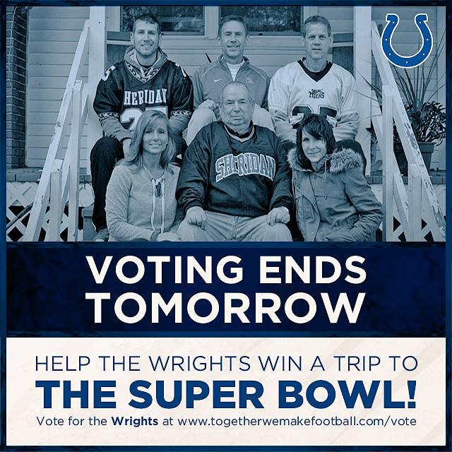 ColtsLife's tweet photo. Last chance to vote for this #COLTSTRONG family! Voting ends at 11:59pm tomorrow. Vote here: https://t.co/ABFk8Mt4Il http://t.co/vSQ8dORgIJ