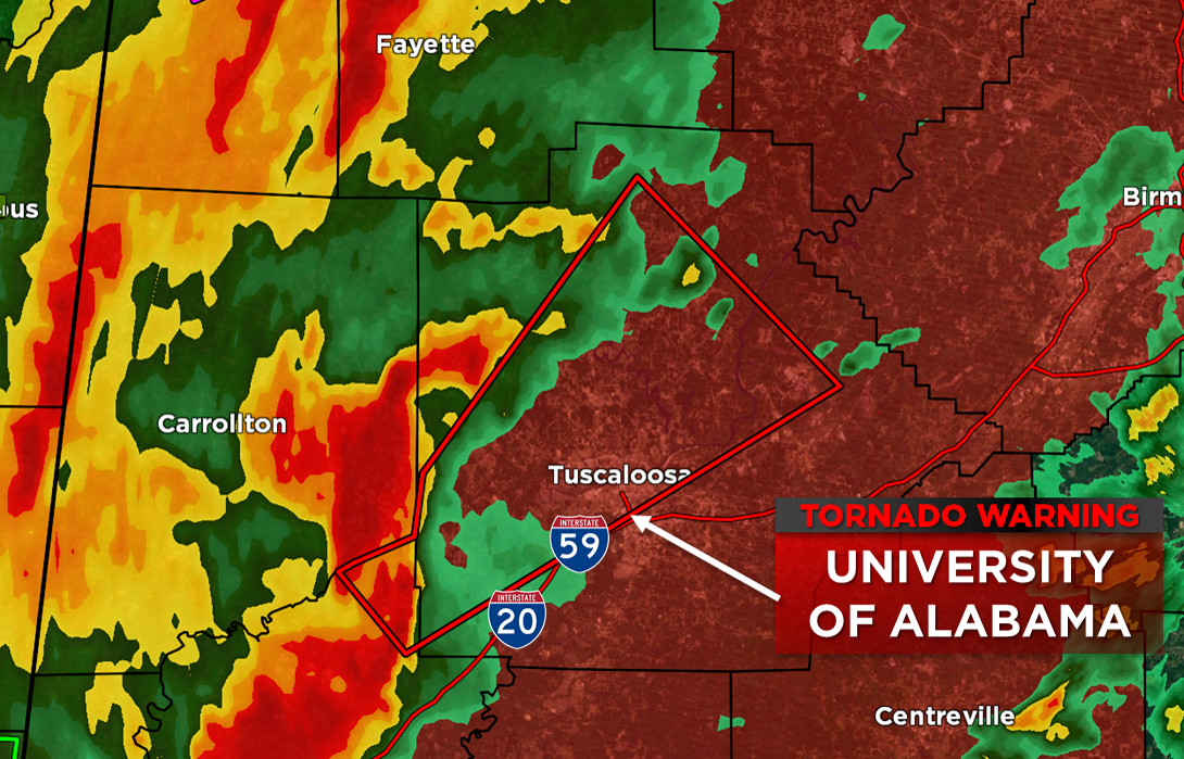 Tornado Warning for <a href="/UofAlabama/">The University of Alabama</a> and Tuscaloosa until 5:45 PM CDT.