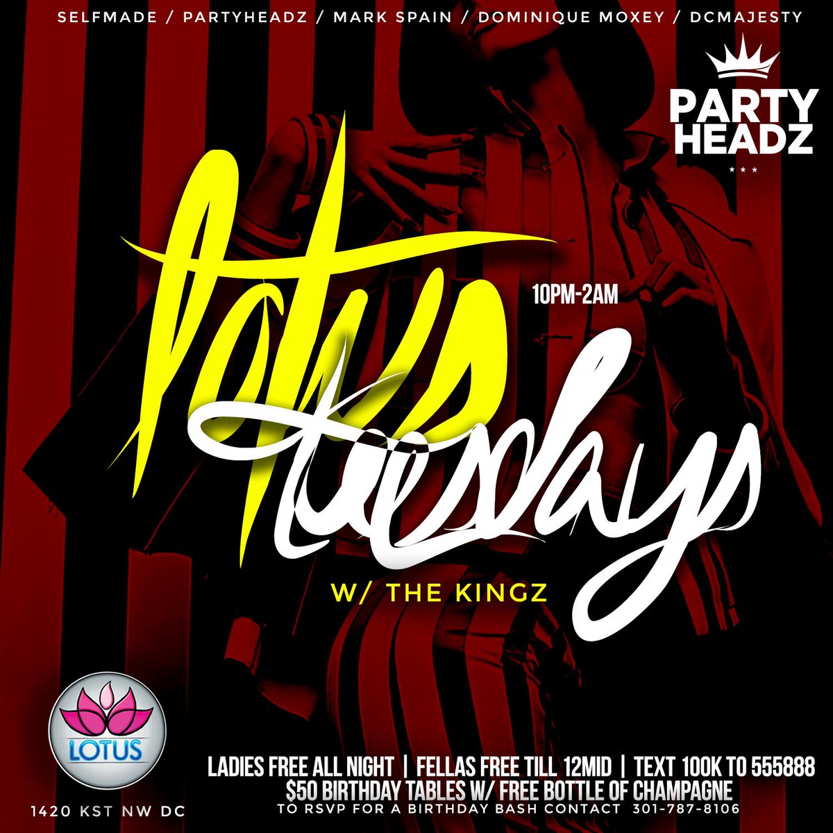TaeSweizy's tweet photo. Every Tuesday Meet Us At #LotusTuesdays w/ The Kingz. Ladies Free All Night w/ Pass! Text 100K To 555888. http://t.co/NZFKyEHGnT