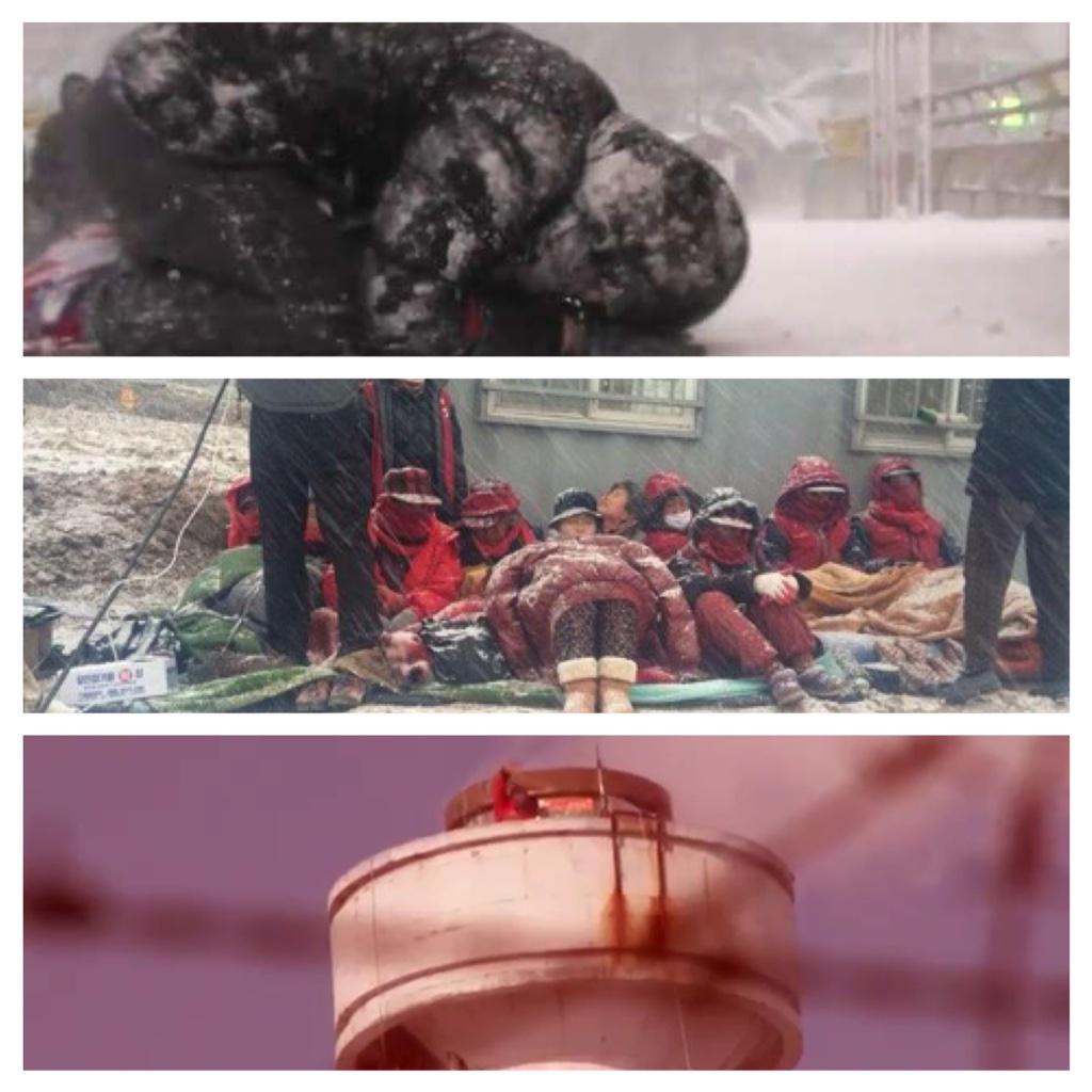 "풍경 셋"-바다를 향해 팽목항 난간 앞에 엎드린 양승진 선생님 부인, 전기 공급이 끊기고 철거된 농성움막터 한켠에 쪼그린 밀양 송전탑 반대 할매들, 연기 뭉클뭉클 피어오르는 굴뚝에서 절규하는 해고자들.