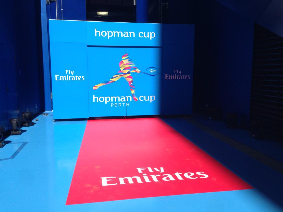 hopmancup's tweet photo. Up, up &amp; away, #HopmanCup is about to take off #EmiratesAOSeries #Bouchard v #Safarova on court soon @emirates http://t.co/4XJwH3s6EI