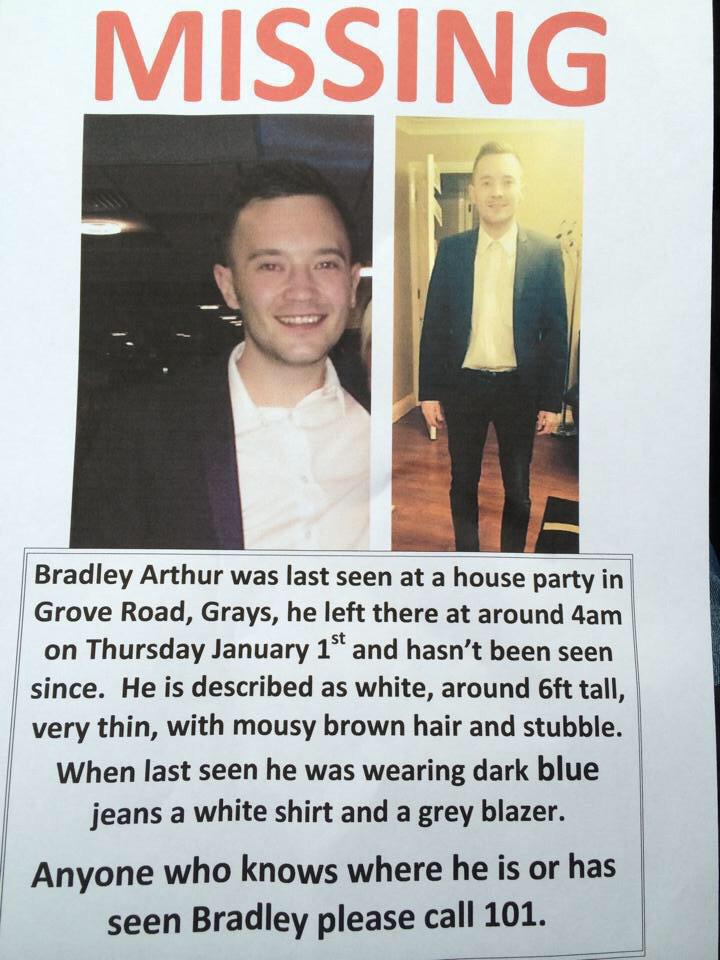 <a href="/SimonCowell/">Simon Cowell</a> <a href="/rustyrockets/">Russell Brand</a> PLEASE RT. Brad Arthur, age 24 from Grays Essex. Been missing since New Year's Day.