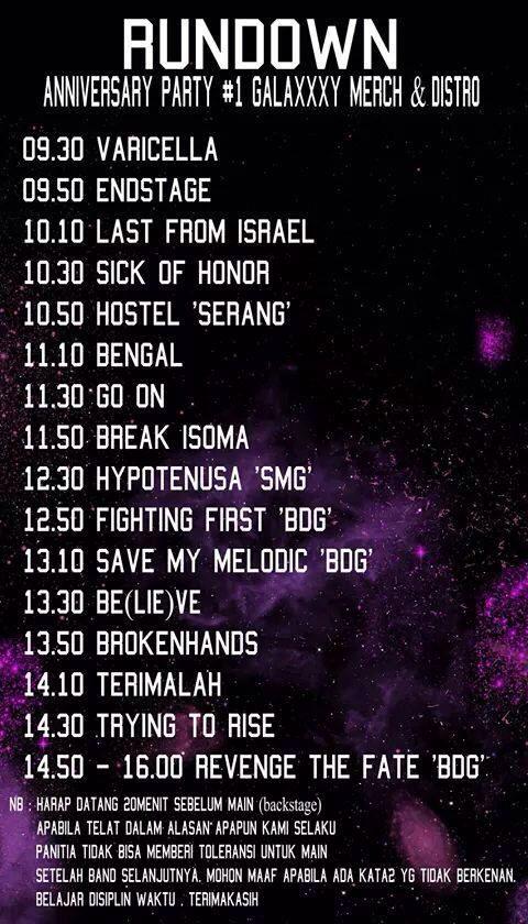 Soundcheck done!! Ini Rundown #GalaxxyAnniversary at Gedung Wanita Tegal, di catet ya!  sore ini w/ <a href="/REVENGETHEFATE/">REVENGE THE FATE</a>