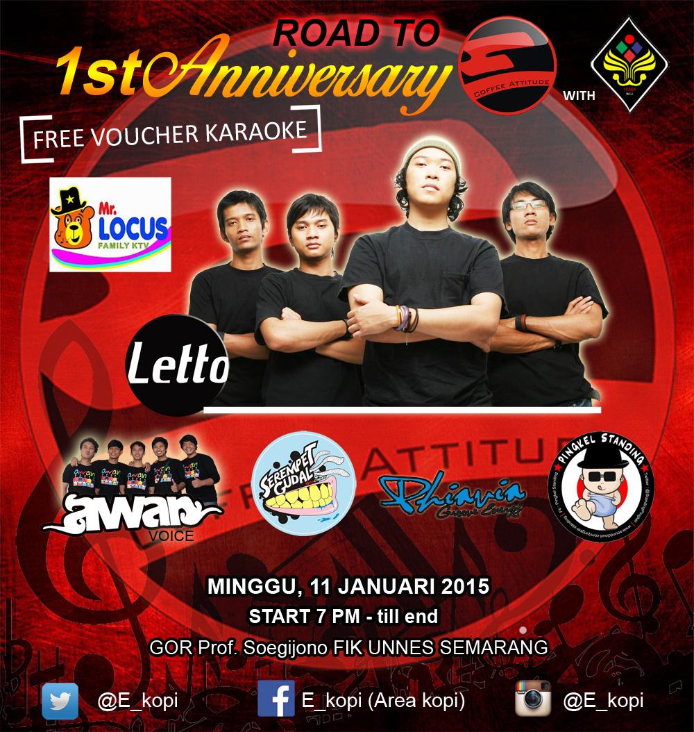 EventSemarang's tweet photo. Road to 1st Anniversary @E_kopi  with @LettoBand | 11 Januari 2015 | @ UNNES Semarang | IDR 35K #eventSMG http://t.co/7XkkxE3ZKv