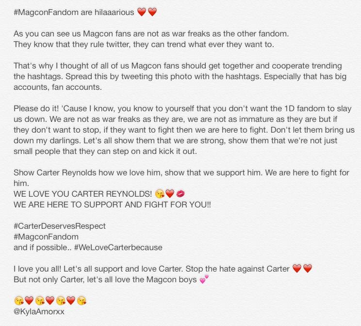KylaAmorxx's tweet photo. WeLYSM @carterreynolds !! We are all here for you.
#CarterDeservesRespect
#MagconFandom are awesome💕
Spread the love http://t.co/z1Ix9mgijr