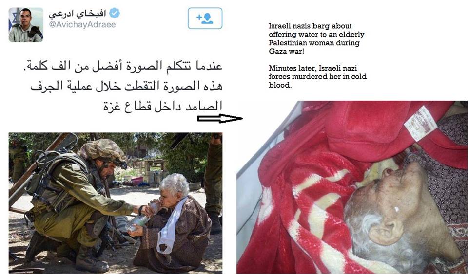 ThisIsGaZa's tweet photo. What Israeli spox did not want to show you. They gave water to the old women. And them murdered her in cold blood. http://t.co/zLw7vLEnvZ