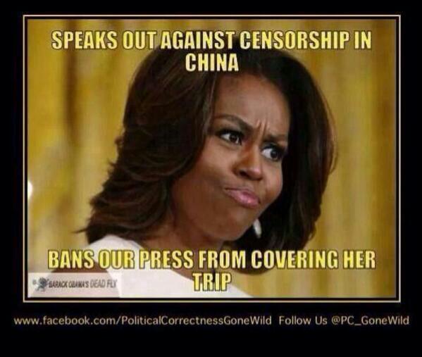 LibsBeLike's tweet image. #FactCheckThat
Mooch went to China to speak against censorship THERE. Meanwhile, hubby banned OUR press from the trip