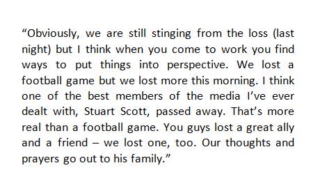 ESPNNFL's tweet photo. Arizona coach Bruce Arians began his press conference this morning reflecting on the passing of Stuart Scott.
http://t.co/ZMBFmyfpIk
