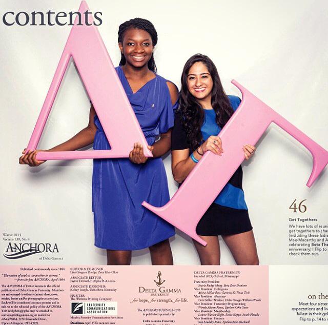 DeltaGammaDuke's tweet photo. Our sisters are famous! Check out this pic of Ngozi and Ananya in this issue of DG's national magazine, the Anchora! http://t.co/urLn8ZwFRJ
