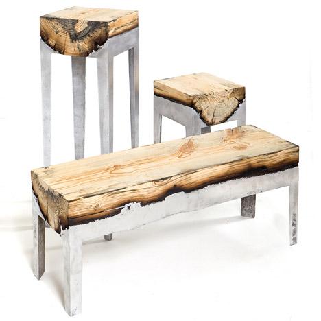 This furniture combines lengths of tree trunks with molten metal: dezeen.com/2015/01/04/hil… #design
