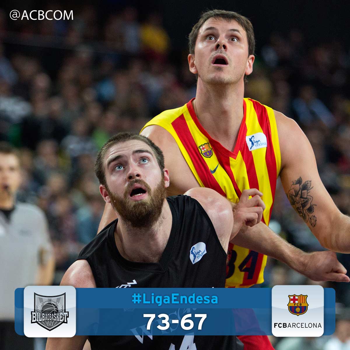 ACBCOM's tweet photo. Los hombres de negro ponen en pie a Miribilla, derrotando al @FCBbasket y metiéndose en la #CopaACB. @CDBILBAOBASKET http://t.co/u1yiJf9U6u