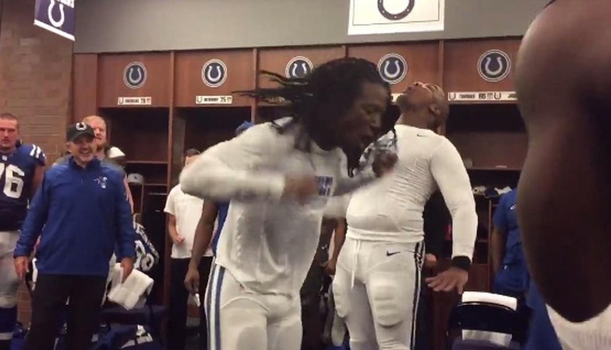 BleacherReport's tweet photo. VIDEO: Colts safety Sergio Brown goes Ric Flair after the playoff win over the Bengals http://t.co/pvLWY0Kyu4 http://t.co/lyiImw1lId