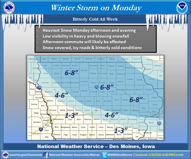 A winter storm will impact Iowa on Monday, during the afternoon commute