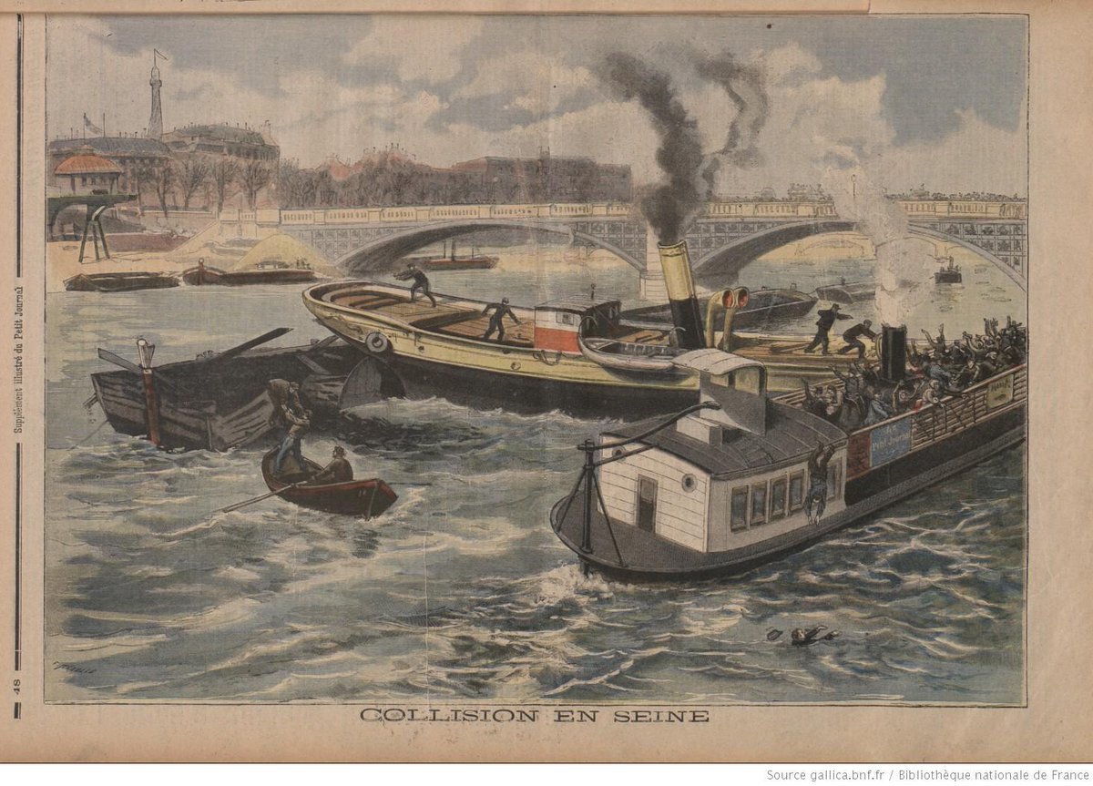 Crash between steamboat, ferryboat and towboat towing barge  in the Seine, 1897 #cluster
bit.ly/1zOpPXw